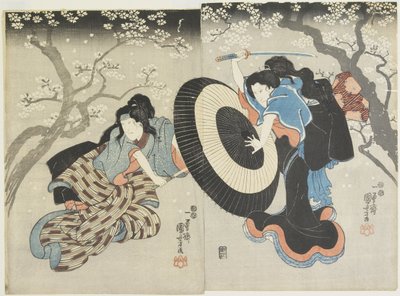 Two Women Fighting under Cherry Tree, a Scene from a Kabuki Play by Utagawa Kuniyoshi